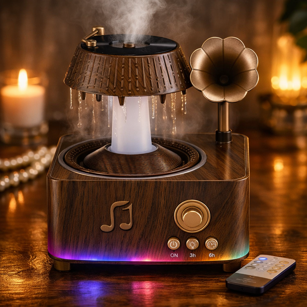 Vintage Gramophone Rain Drop Aroma Diffuser – 250ml with Remote & 7-Color Light