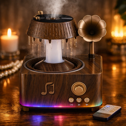 Vintage Gramophone Rain Drop Aroma Diffuser – 250ml with Remote & 7-Color Light