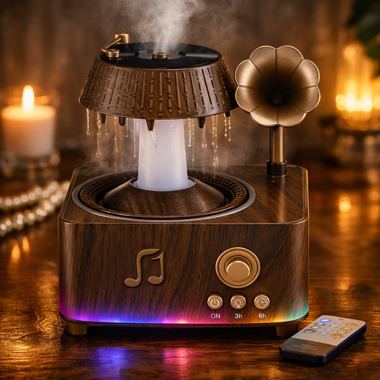 Vintage Gramophone Rain Drop Aroma Diffuser – 250ml with Remote & 7-Color Light