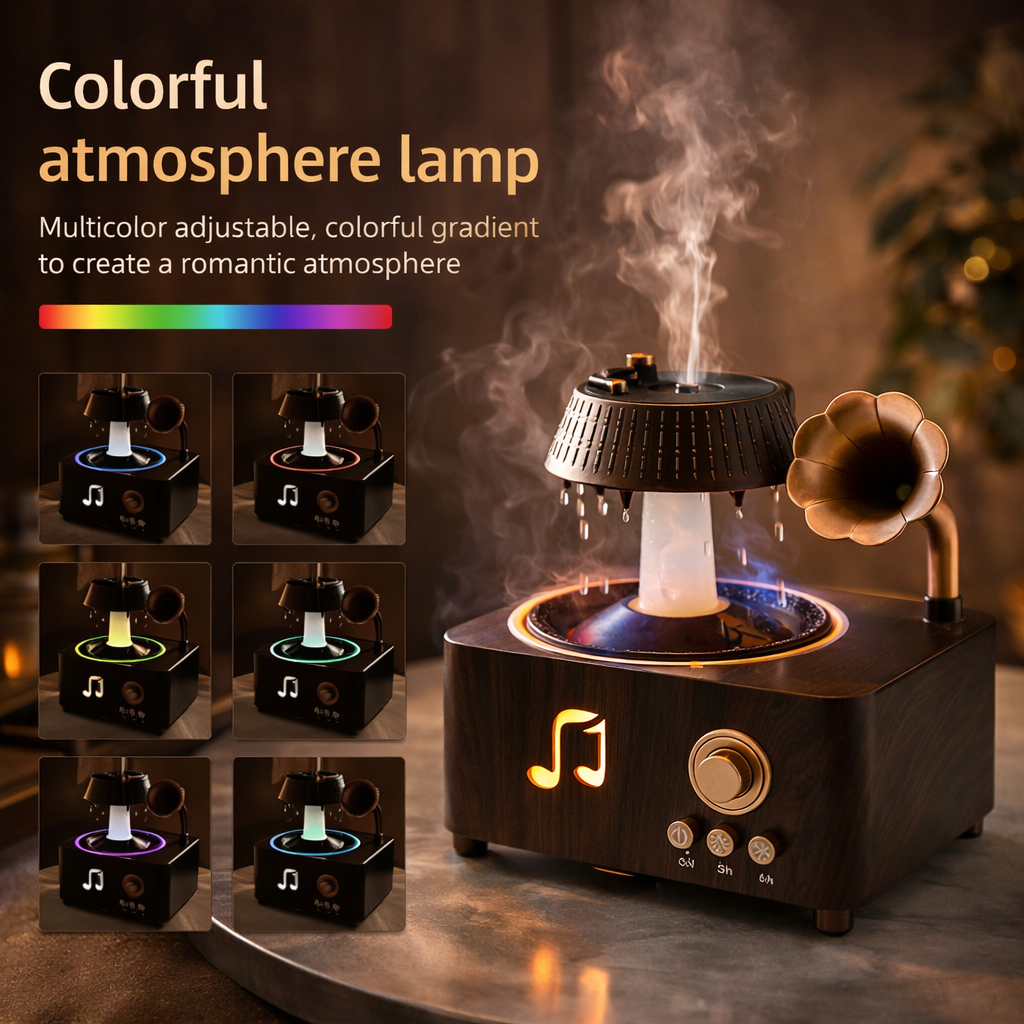 Vintage Gramophone Rain Drop Aroma Diffuser – 250ml with Remote & 7-Color Light