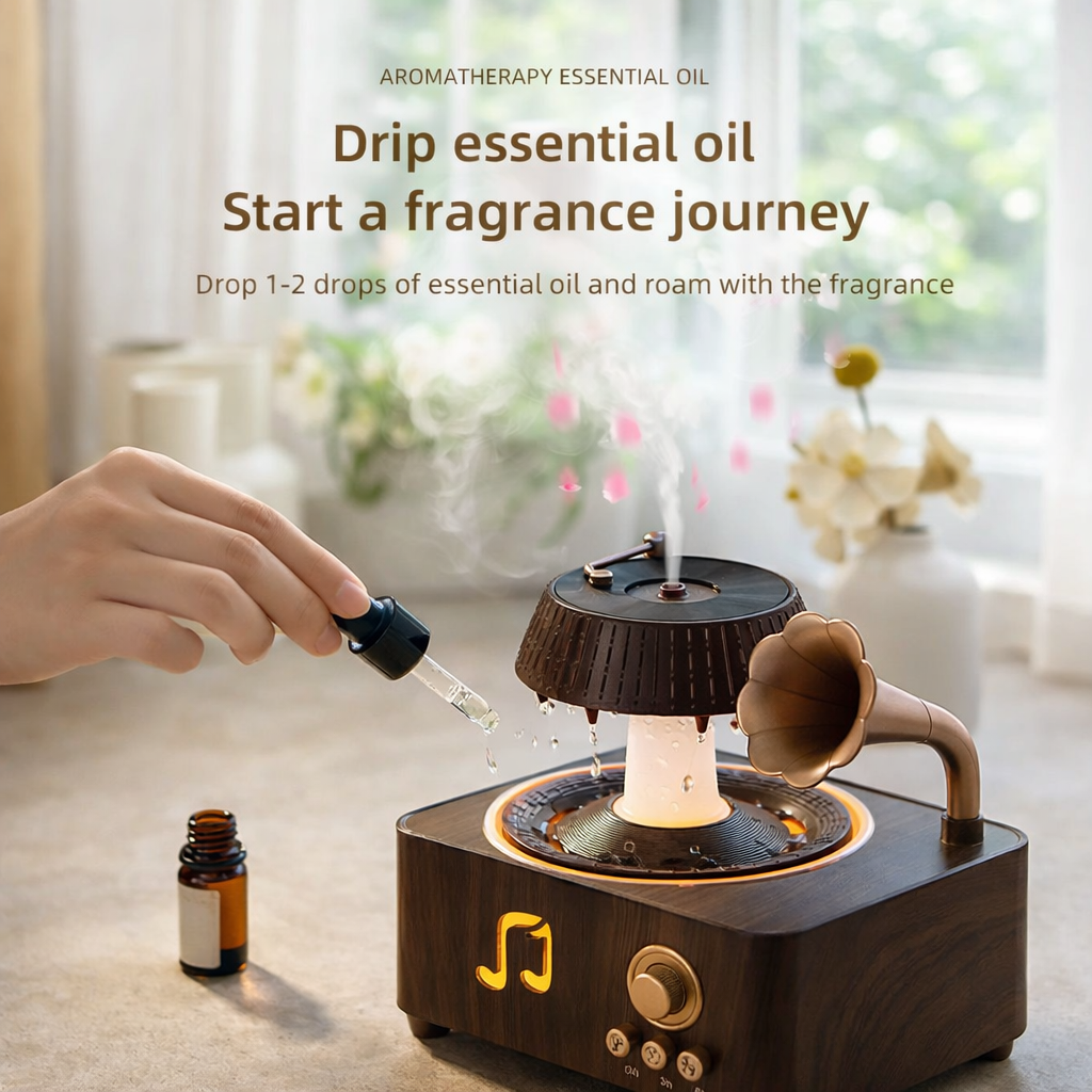 Vintage Gramophone Rain Drop Aroma Diffuser – 250ml with Remote & 7-Color Light