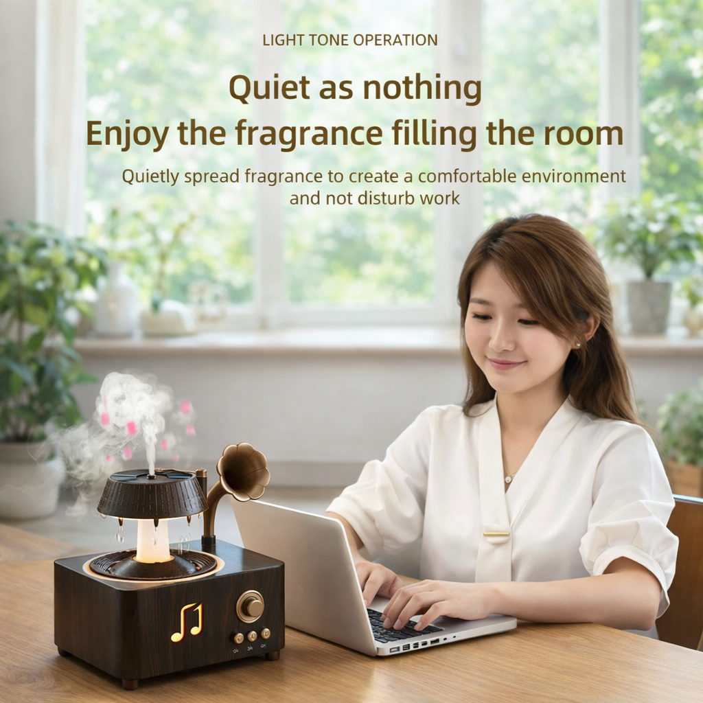Vintage Gramophone Rain Drop Aroma Diffuser – 250ml with Remote & 7-Color Light