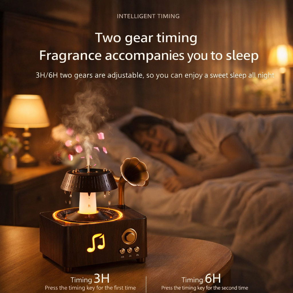 Vintage Gramophone Rain Drop Aroma Diffuser – 250ml with Remote & 7-Color Light