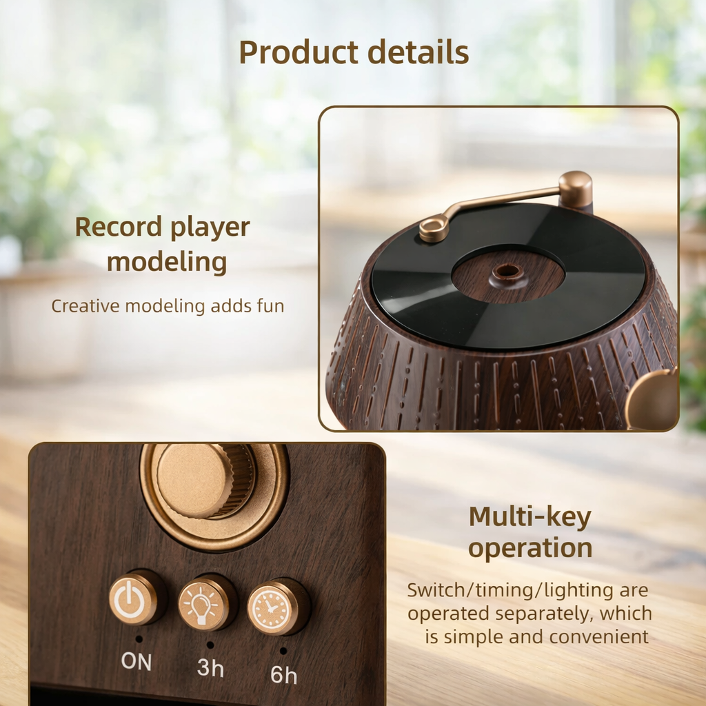 Vintage Gramophone Rain Drop Aroma Diffuser – 250ml with Remote & 7-Color Light